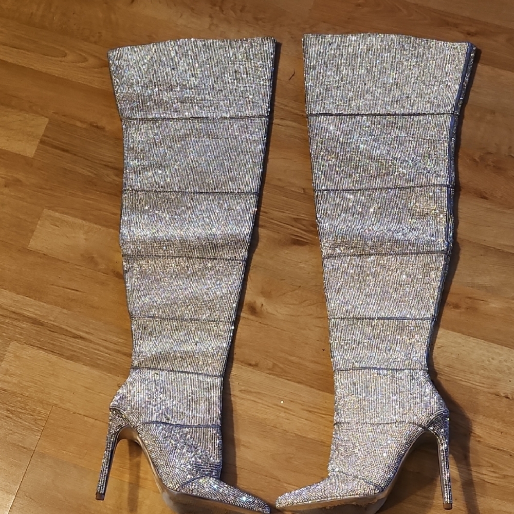 Elegant Steve Madden Silver Bling Over-the-Knee Boots